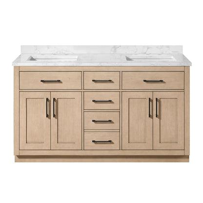 OVE Decors Athea 60 in. Double Sink Freestanding Sahara Birch Bathroom Vanity with White Engineered Marble Top, Matching Backsplash and Power Bar