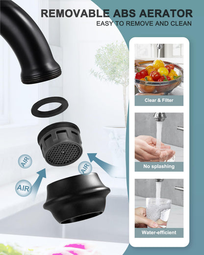 ALEASHA Bridge Centerset Kitchen Sink Faucet, Deck Mount Brass Kitchen Faucet with Side Sprayer, 2 Handle 4 Hole 360° Swivel Vintage Farmhouse Copper Faucet, Matte Black