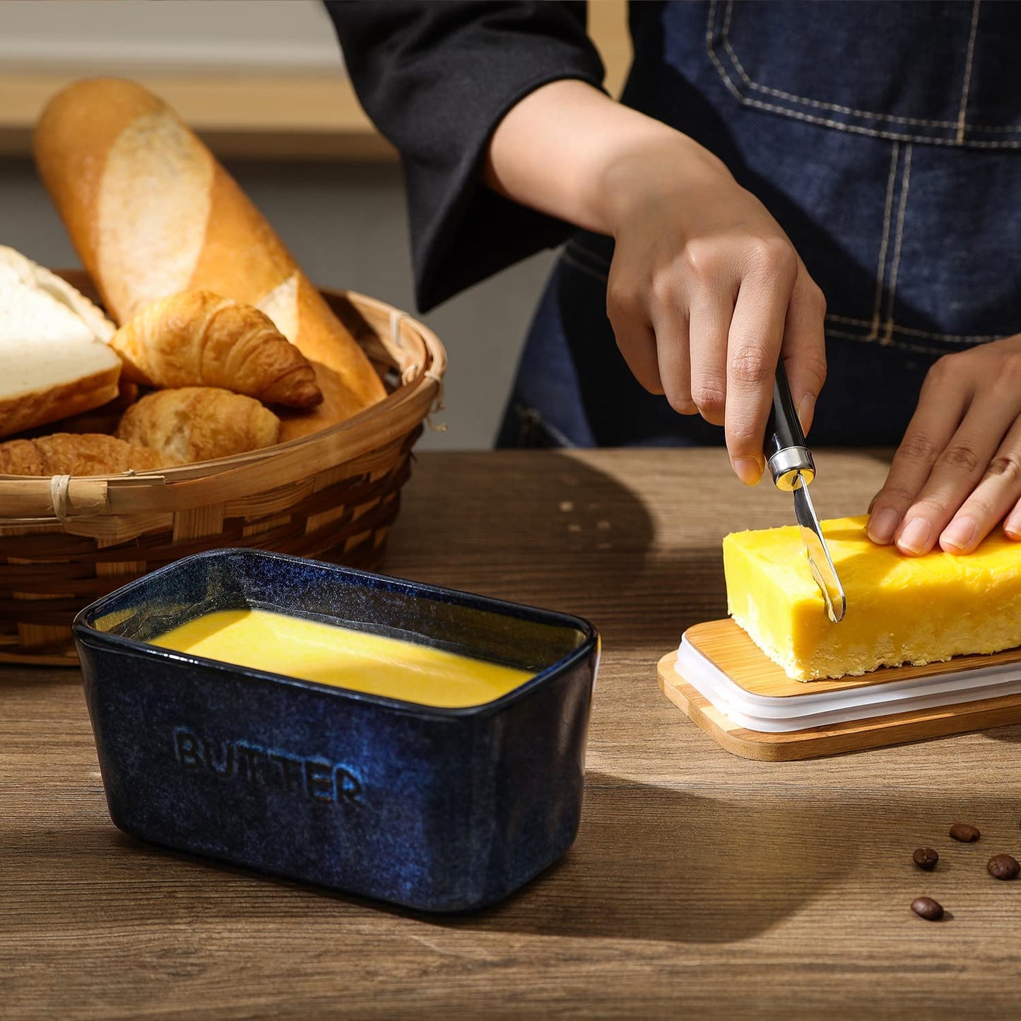 Vicrays Porcelain Airtight Lid Butter Container with Knife - Large Blue Butter Keeper Crock for Countertop