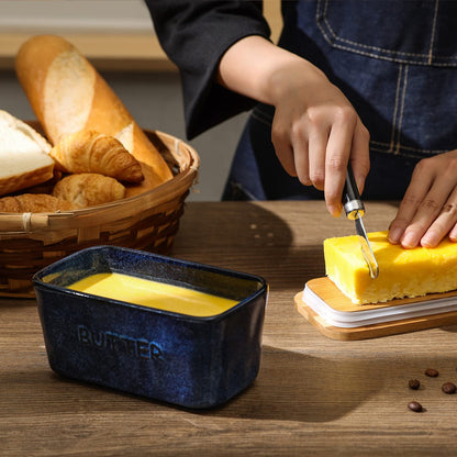 Vicrays Porcelain Airtight Lid Butter Container with Knife - Large Blue Butter Keeper Crock for Countertop