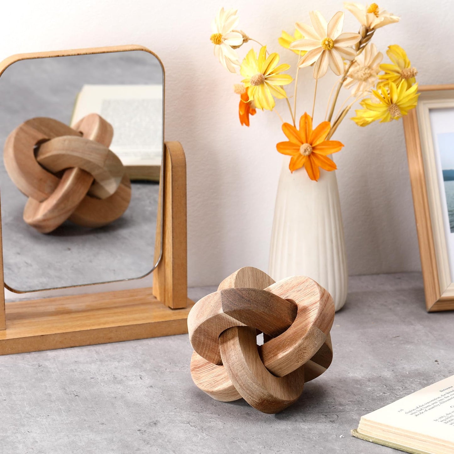 Yalikop 3 Link Wood Knot Decor - Hand Carved Coffee Table Decoration, Boho Chain Link Decor, Modern Shelf, Rustic Objects for Home Living Room Bedroom(Classic,Wooden)