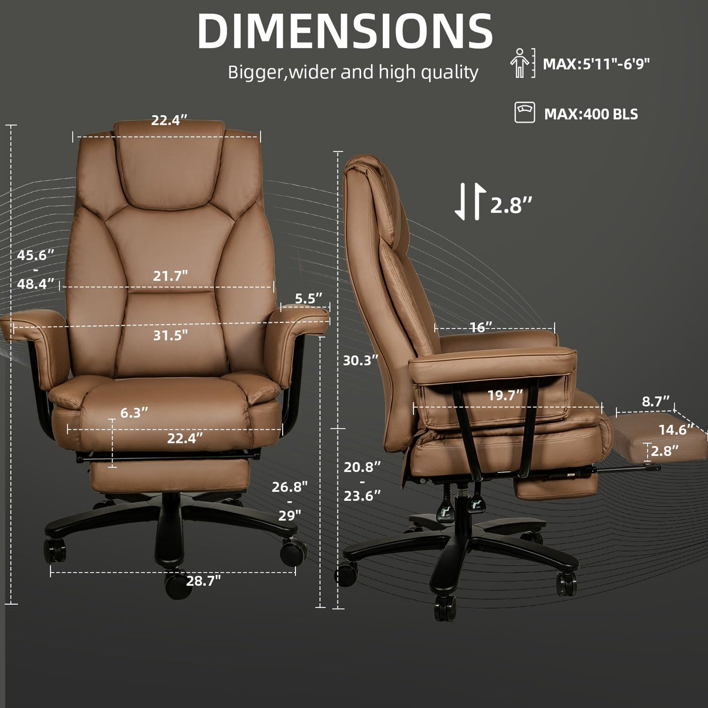 Sucrever Reclining Office Chair with Footrest, Big and Tall Home Office Desk Chairs 400lbs with High Back, Criss Cross Wide Seat, Heavy Duty Base, Pu Leather, Brown