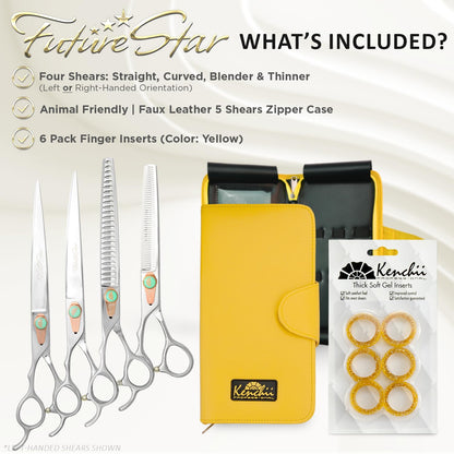 Kenchii Future Star Dog Grooming Scissors Lefty Set Premium Kit for Novice & Pro Groomers Straight Curved Thinner & Blender Shears with Micro Serrated Blades Includes Case and Inserts.
