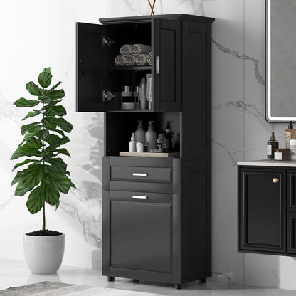 Virubi Laundry Cabinet with Tilt Out Laundry Hamper and Drawer, Wood Tall Bathroom Storage Cabinet with Doors and Adjustable Shelves, Freestanding (Black)