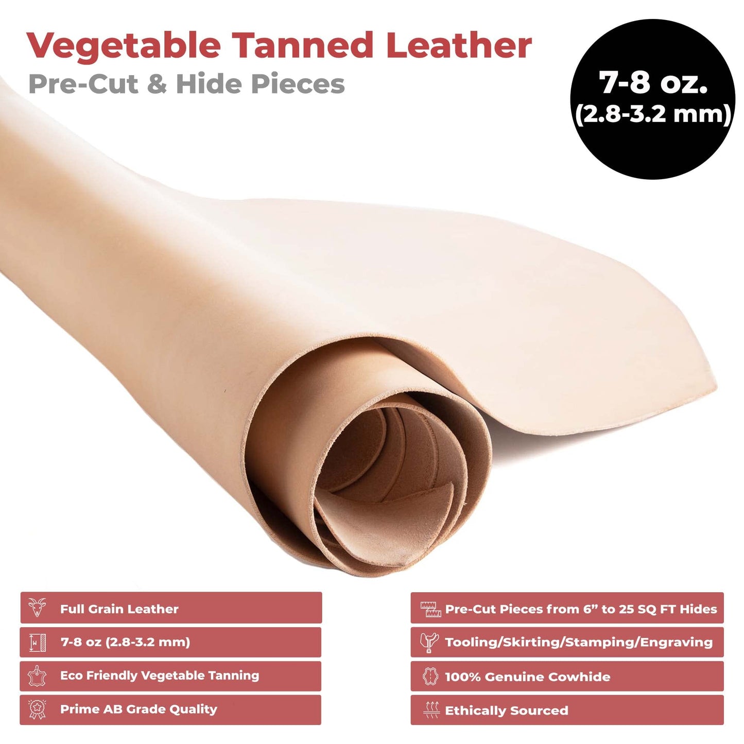 ELW 7-8 oz.(3-3.2 mm) Thickness Pre-Cut Square 18-20 SQ FT, Tooling Leather Vegetable Tanned Full Grain Leather - Cowhide Leathercraft for Holsters Knife Sheaths Coasters Molding Emboss Stamp Cases