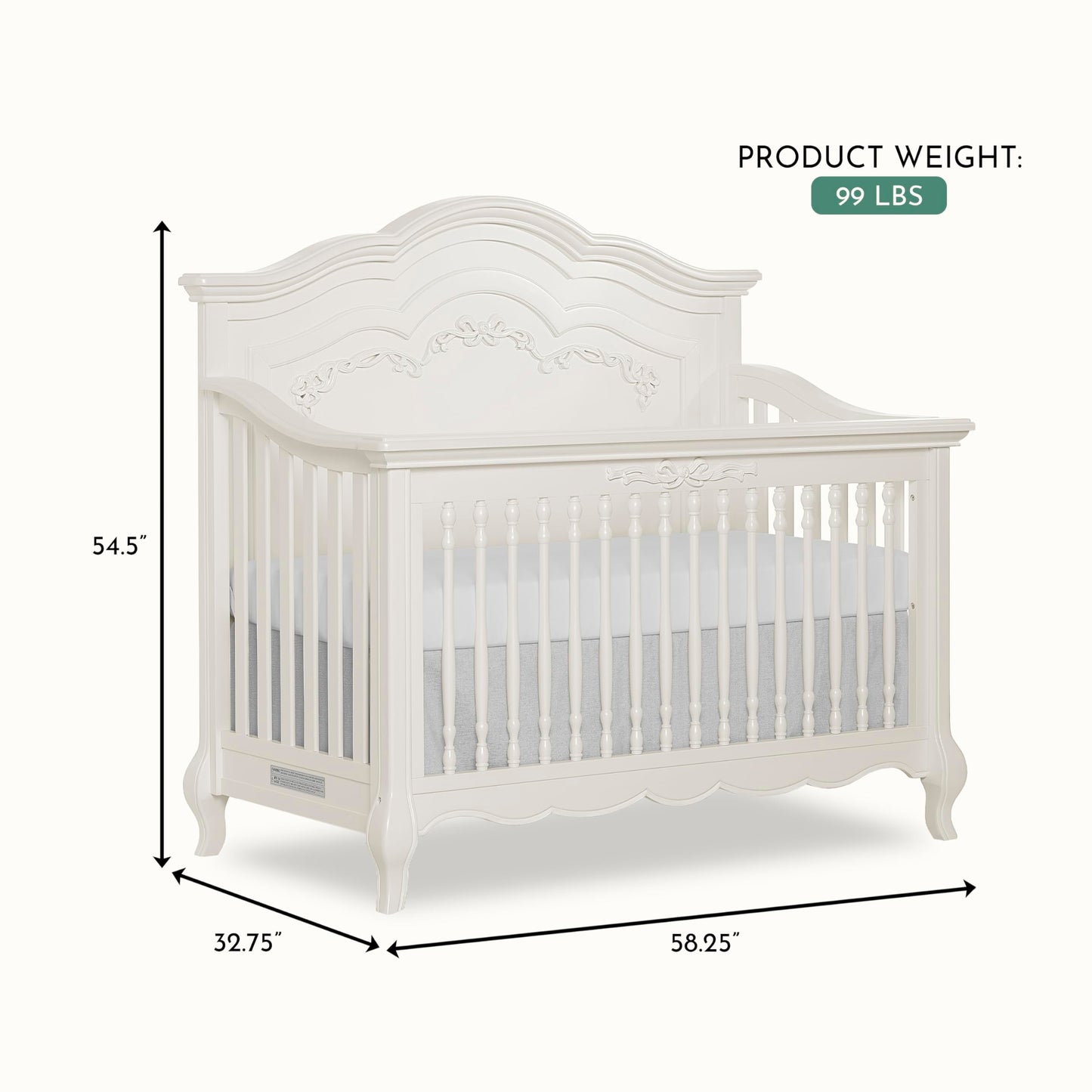 Evolur Aurora 5-in-1 Convertible Full-Size Baby Crib in Ivory Lace, GreenGuard Gold & JPMA, 3 Mattress HeightsRibbon Bow Scrollwork & Queen Anne Feet, Converts to Toddler, Day & Full-Size Bed