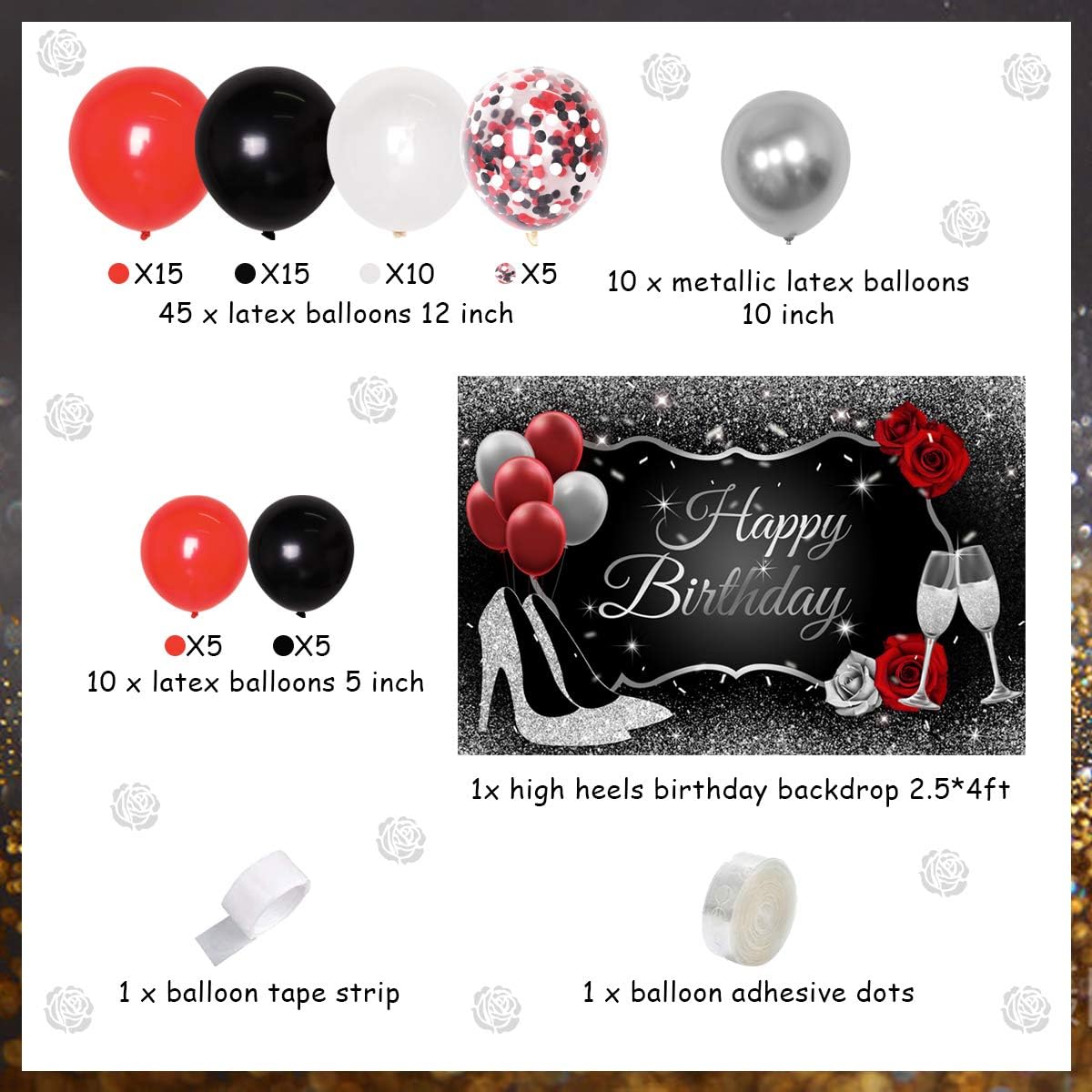 JOYMEMO Red Black and Silver Party Decorations, Women's Birthday Supplies with Balloon Garland and Backdrop