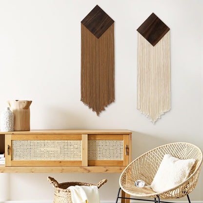 KHOYIME Macrame Wall Hanging Boho Chic Home Decor, 2PCS Bohemian Brown Beige Vertical Tassel Yarn Tapestry Modern Farmhouse Wall Art Decorations for Living Room Bedroom Nursery Office 11''W x 36''L
