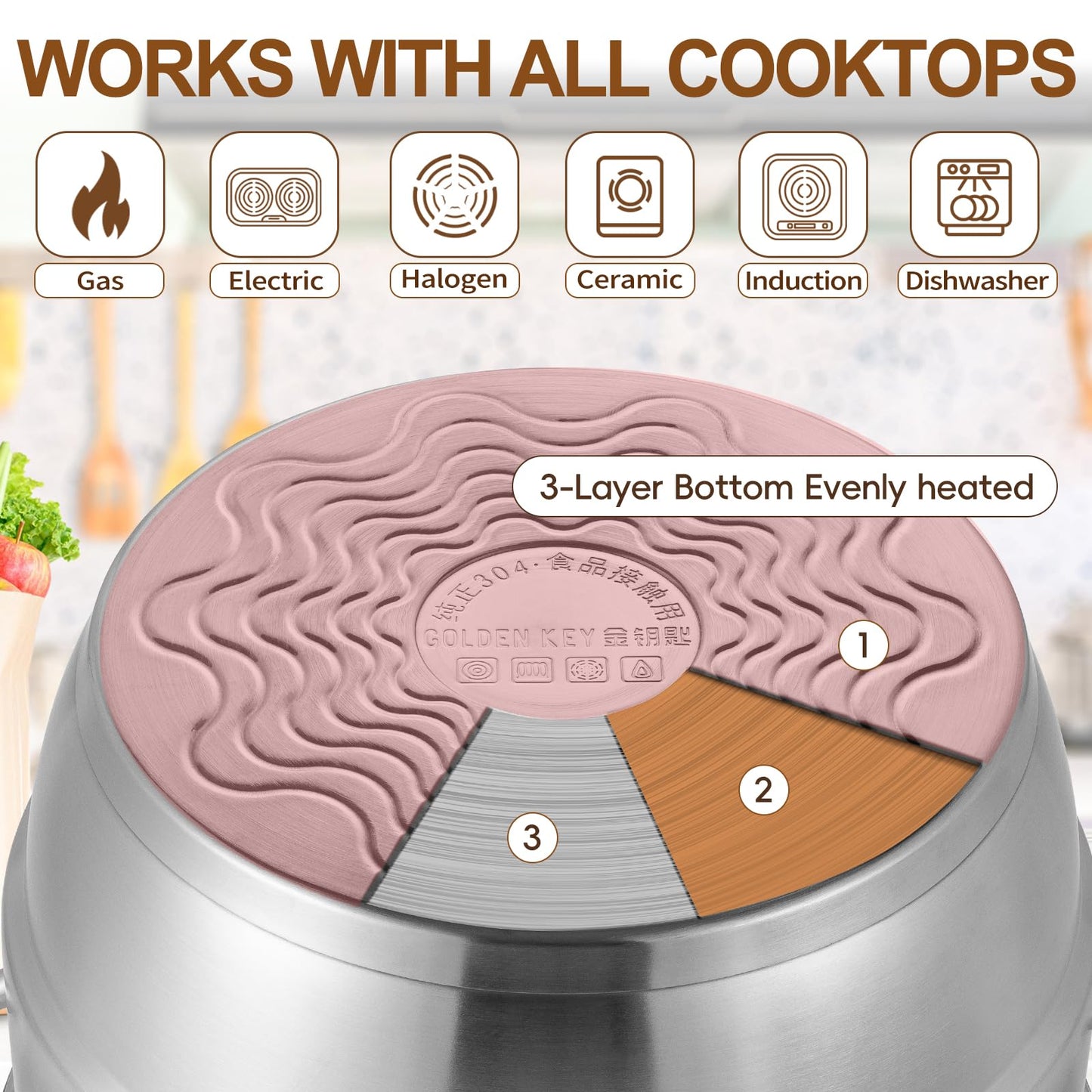 GOLDEN KEY 7.4 QT Steamer for Cooking, 2-Tier Multipurpose 18/8 Stainless Steel Steamer Pot with Lid for Vegetable, Seafood, Rice, Dumplings, Works with Gas Electric Induction Stove