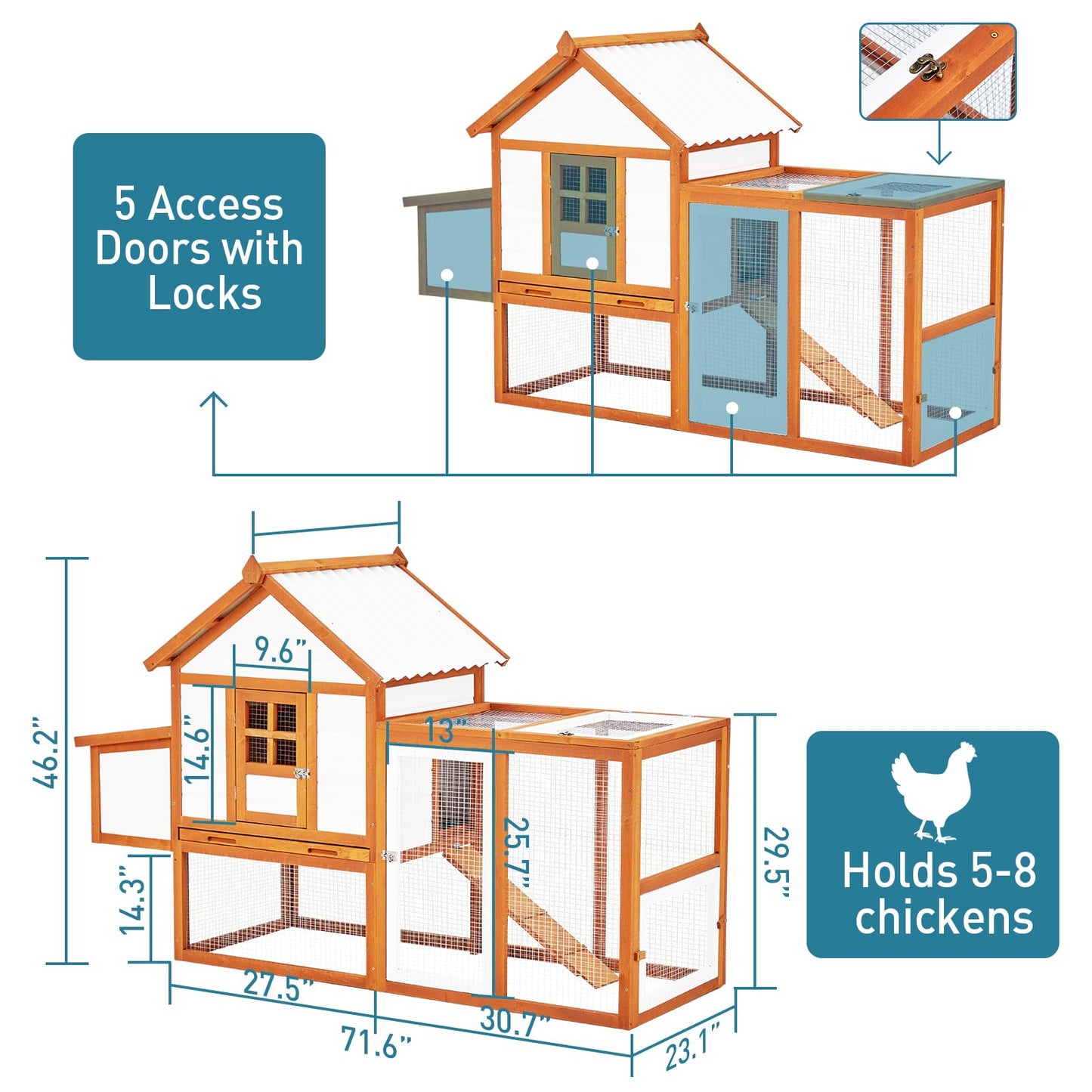 Wooden Chicken Coop & Rabbit Hutch – Portable Hen House for 4-6 Chickens with 5 Access Doors, Nesting Box, Removable Tray, & PVC Roof, Backyard Chicken House for Rabbits, Ducks, Cats, Guinea Pigs
