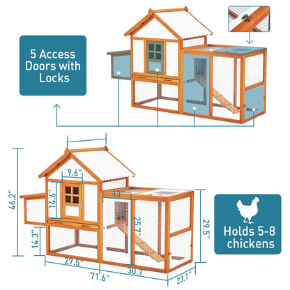 Chicken Coop with Nesting Box and Run, Wooden Outdoor Hen House, Chicken House with Ramp, 5 Access Doors, Removable Tray and Galvanized Wire for Backyard Poultry, Rabbit Hutch