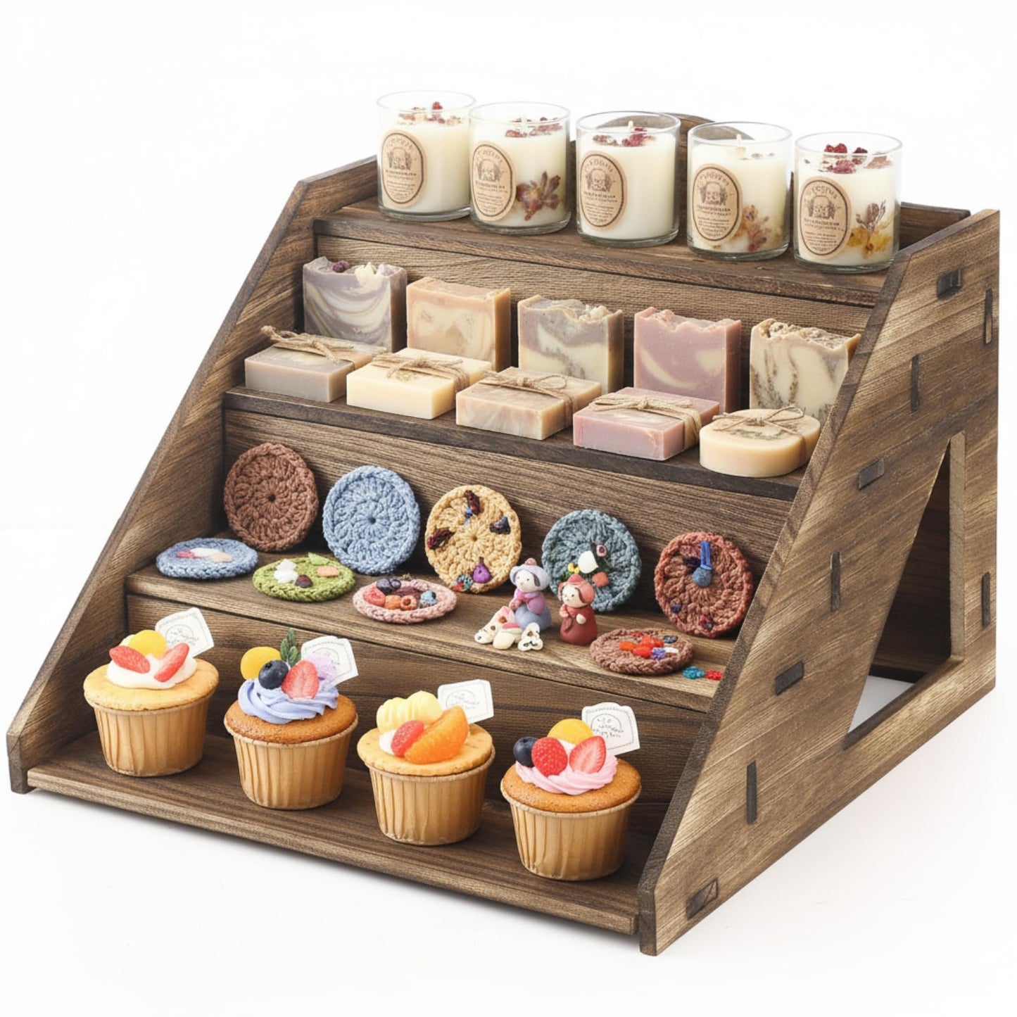 Yousoontic 4 Tier Wooden Soap Display Stand for Craft Shows Farmers Market Craft Fair Display Rack Portable Riser for Vendor Candle Cupcakes Jewelry Tumblers