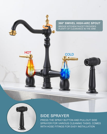 Kitchen Faucet Bridge with Side Sprayer, 4 Hole Brass Kitchen Faucet with 360° Swivel Tap, 2 Handle 8 Inch Vintage Faucet for Kitchen Sinks, Black Gold