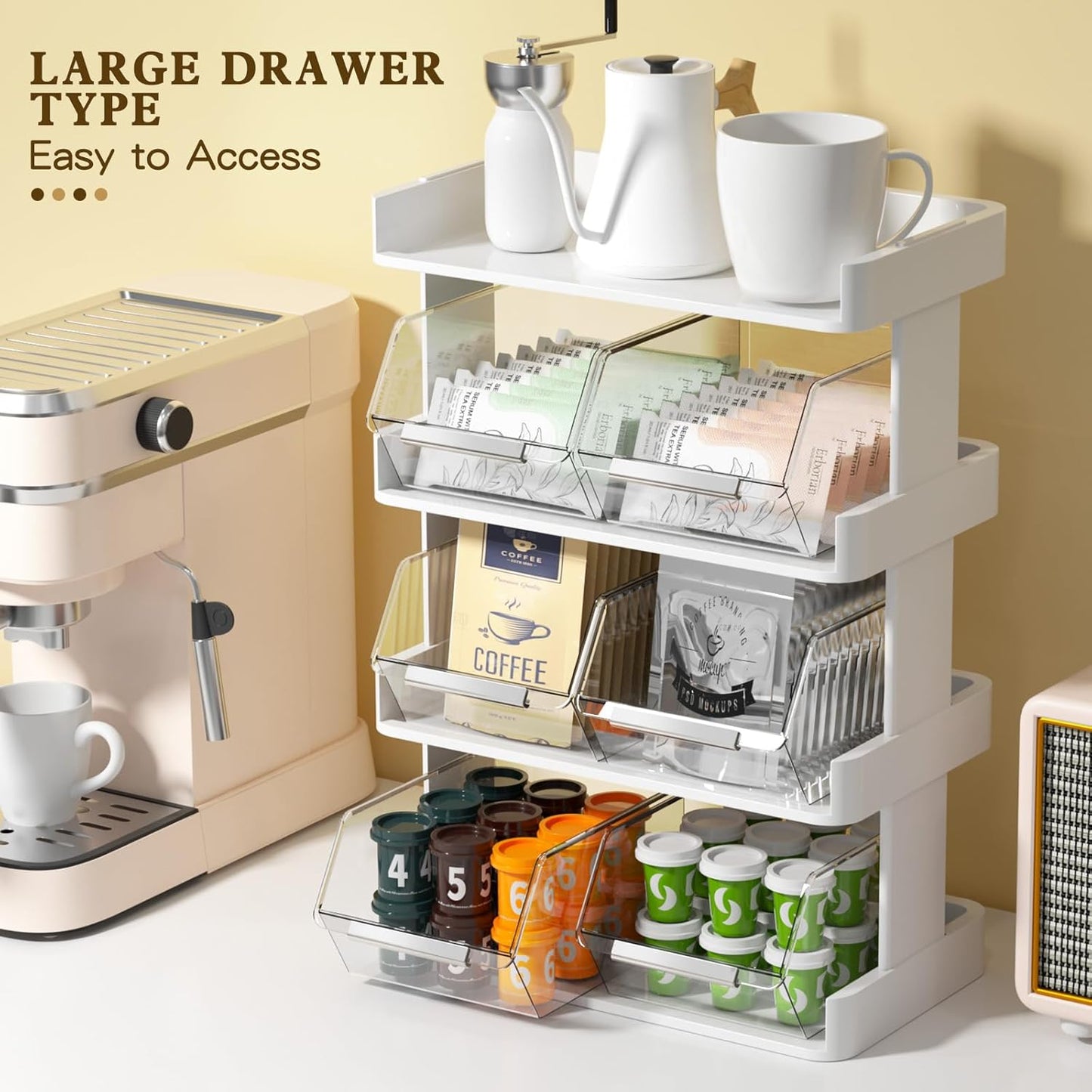 Coffee Pod Holder with 6 Drawers, 3-Tier Storage Organizer Compatible with 80 Big or 108 Small Vertuoline Pods for