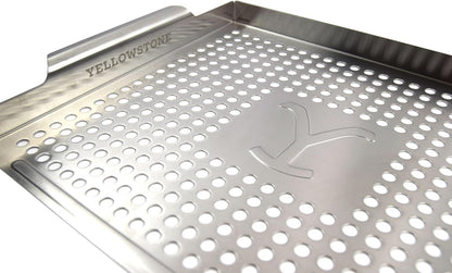 Yellowstone BBQ Grill Pan - Stainless Steel Grill Topper for Delicate Foods and Veggies, Heavy-Duty Grill Accessory