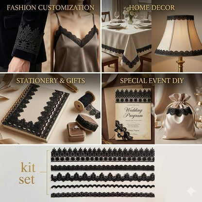 IDONGCAI 10 Yards Black Lace Trim Set for Sewing & Crafts – 5 Styles Lace Ribbon Bundle, Venise Lace Trim Elegant Lace Ribbon for Clothing Alterations & DIY Fashion(Black)
