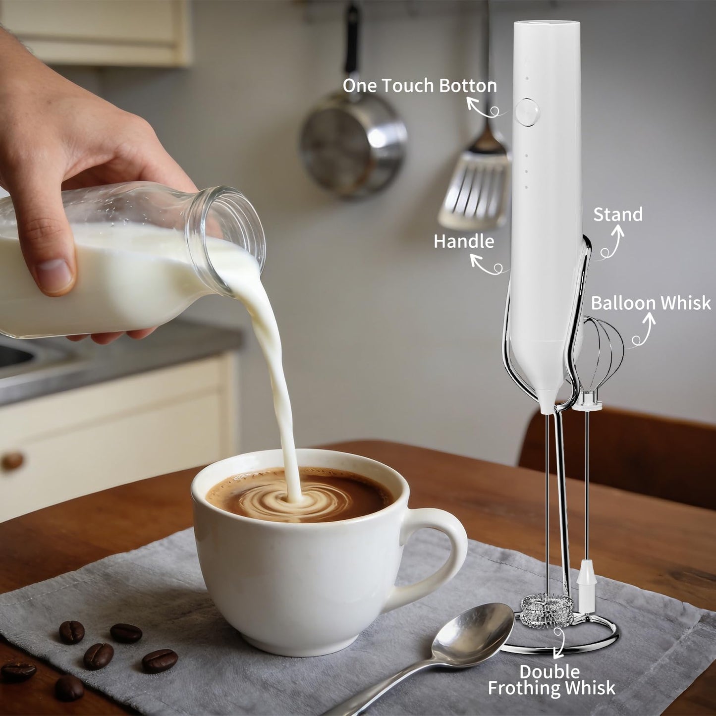 Milk Frother Handheld Rechargeable, Hand Frother with Stand, Drink Mixer Frother Wand Electric Whisk Stirrer for Coffee, Latte, Matcha, Cappuccino, Hot Chocolate, Kitchen Gifts - White