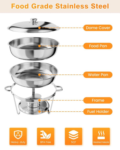 Chafing Dish Buffet Set 2 Pack, 5 QT Round Stainless Steel Chafer and Food Warmers with Food & Water Pan, Lid, Frame, Fuel Holder for Catering, Parties, Events, Wedding, Camping, Dinner