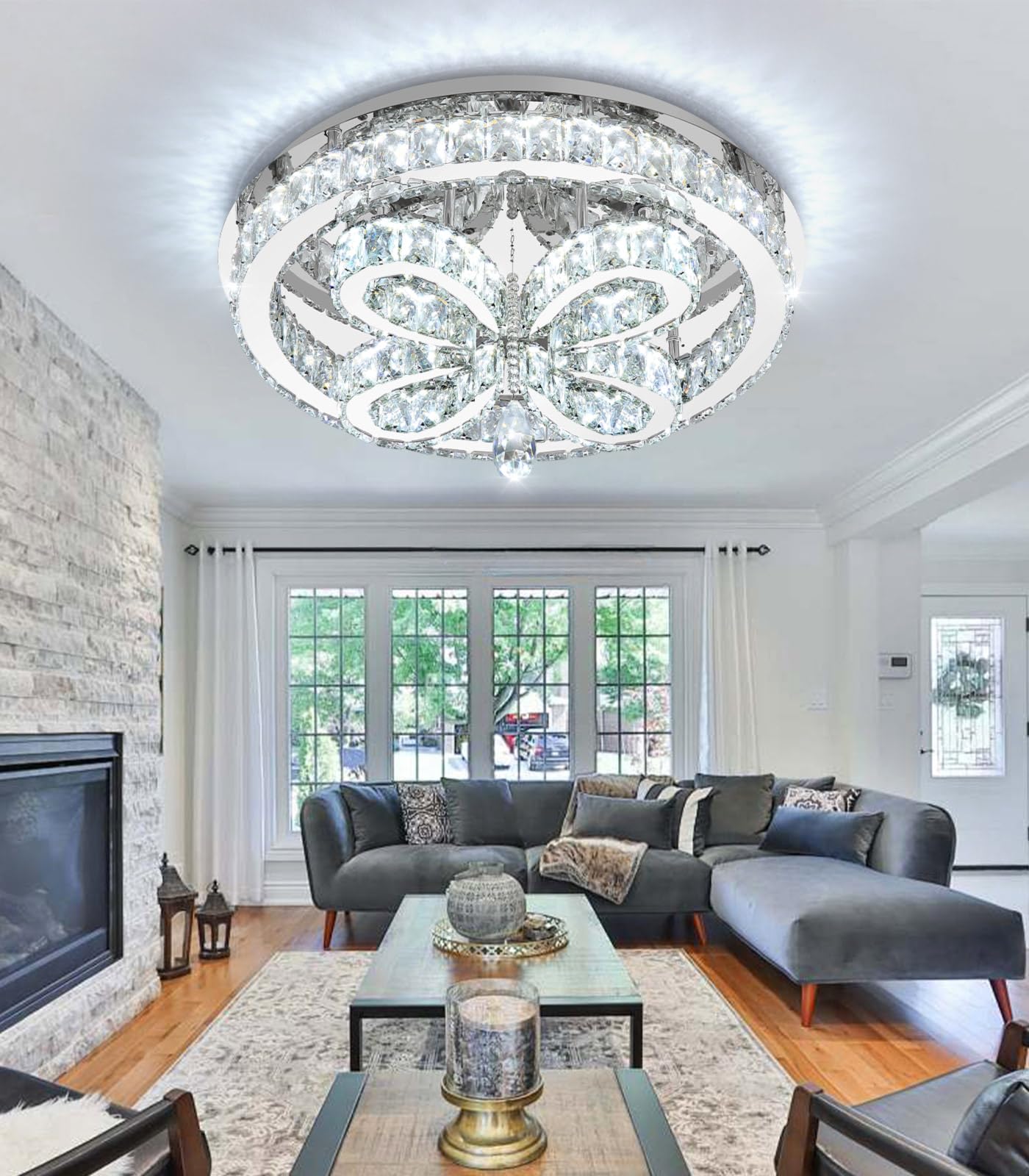 dolria Modern Crystal Chandelier LED 2-Tier Flush Mount Ceiling Lighting Dimmable Pendant Light for Living Room Bedroom Dining Room Entryway Hallway