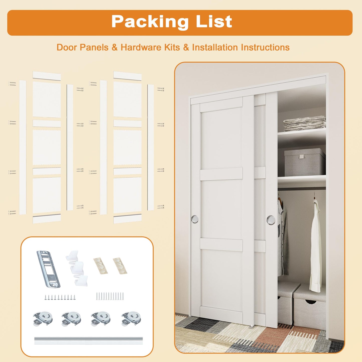 JUJUBON Closet Sliding Door, 48"×80"(Double Doors 25"), 3 Panel Sliding Door with Hardware Kit, Pre-Drilled Doors Panel, MDF with Paintable Surface, Need to Assemble, White