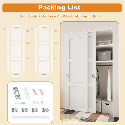 JUJUBON Closet Sliding Door, 48"×80"(Double Doors 25"), 3 Panel Sliding Door with Hardware Kit, Pre-Drilled Doors Panel, MDF with Paintable Surface, Need to Assemble, White
