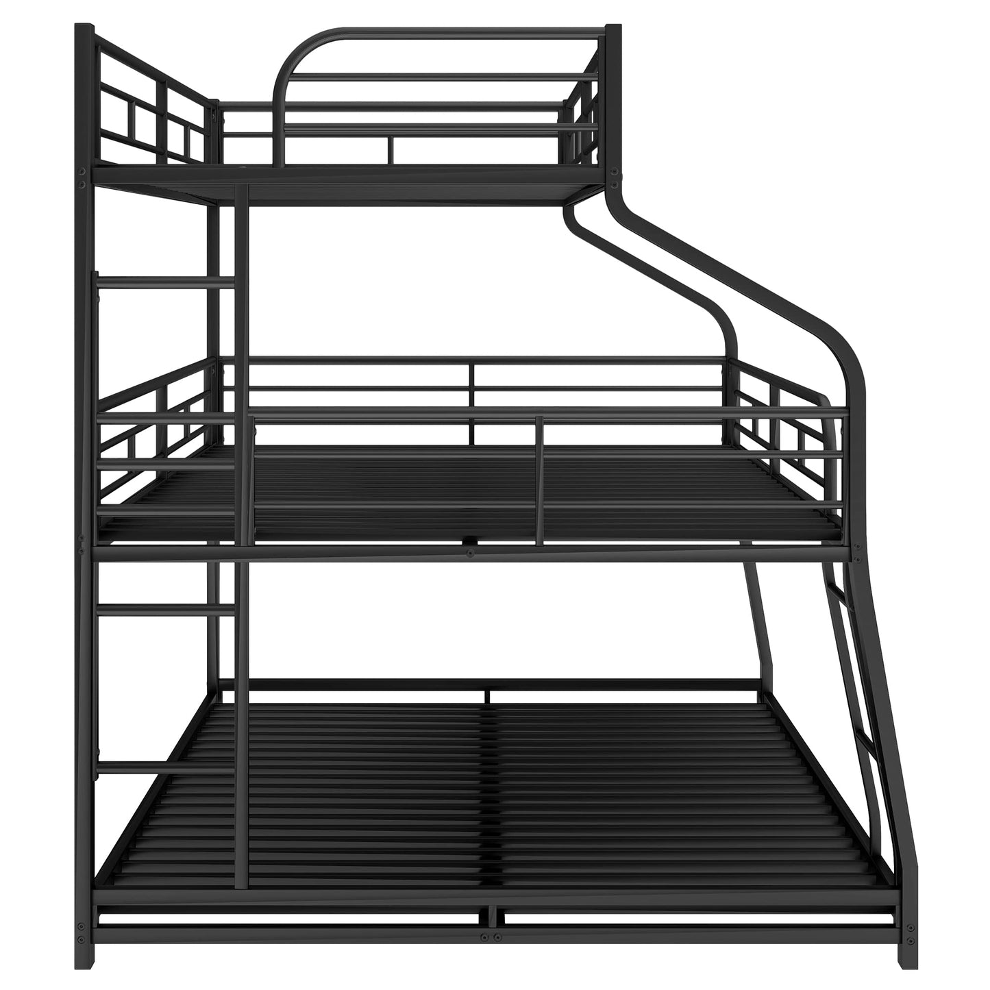 Bellemave Heavy Duty Triple Bunk Bed for Multiple Kids,Twin XL Over Full XL Over Queen Size Triple Bunk Bed with Long and Short Ladder for 3 Kids,Unique Curved Metal Frame,Black
