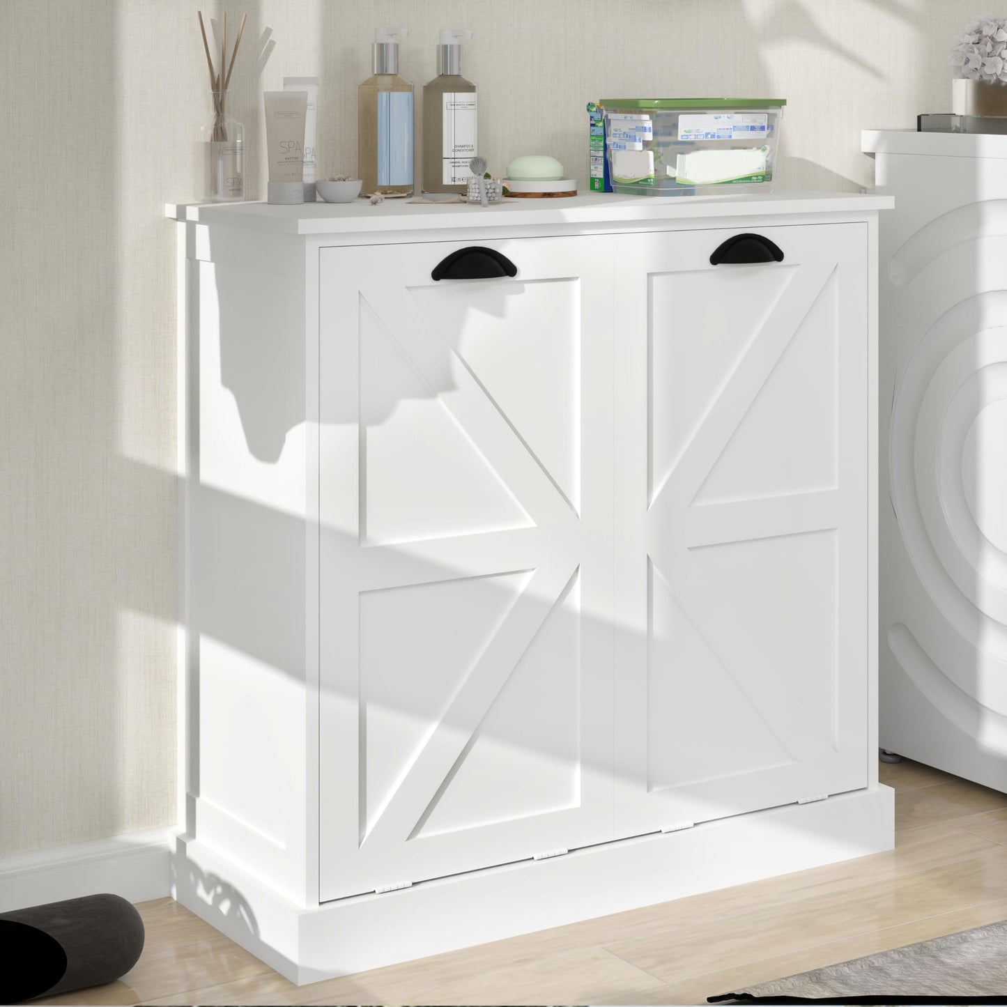 agnixnaf Two-Compartment Tilt-Out Laundry Sorter Cabinet with Removable Cloth Bags,Laundry Room Organization,UV Painting Cabinet for Laundry Room,Bathroom,Utility Room-White