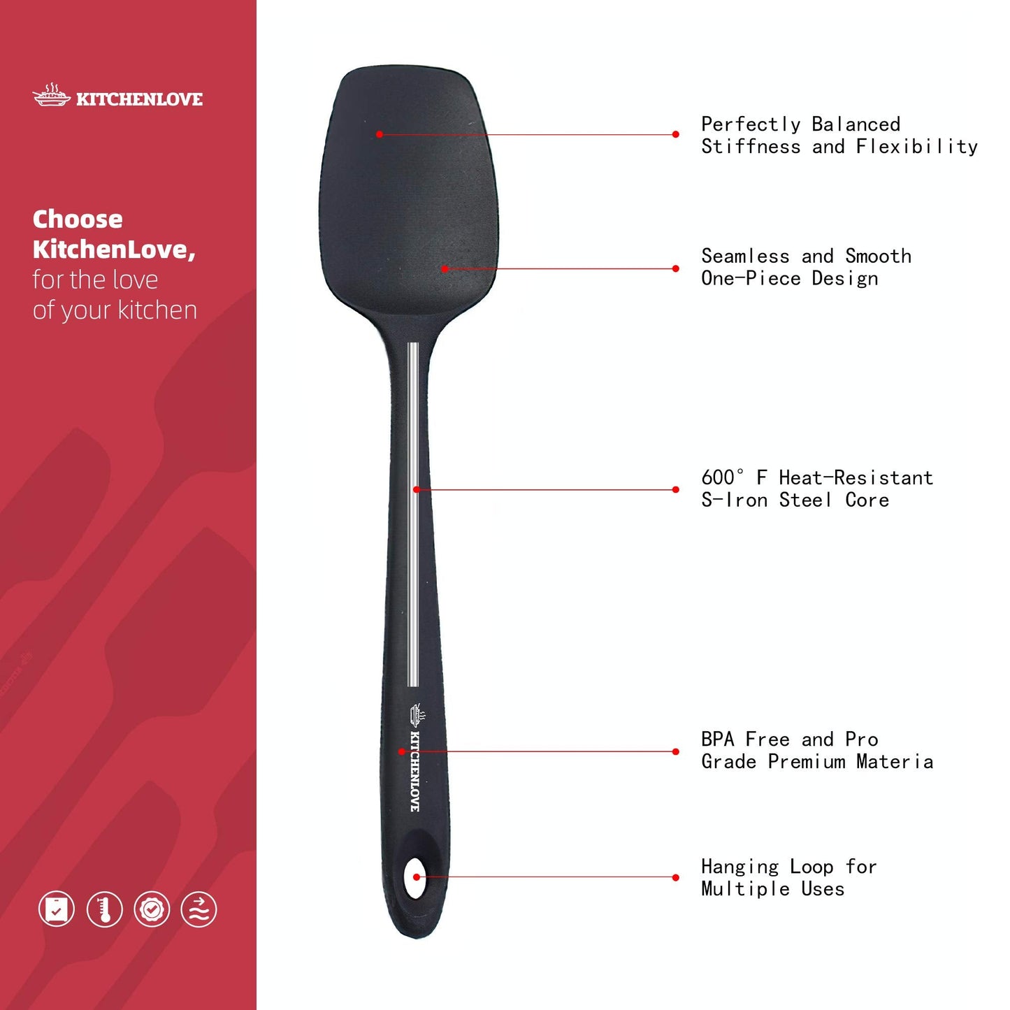 KITCHENLOVE Premium 600°F Heat Resistant 5 Piece Silicone Spatula Set for Baking, Cooking, Mixing - Non-Stick with High Grade S-Iron Steel Core - One Piece Seamless Design - BPA Free (Black)