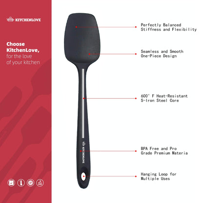 KITCHENLOVE Premium 600°F Heat Resistant 5 Piece Silicone Spatula Set for Baking, Cooking, Mixing - Non-Stick with High Grade S-Iron Steel Core - One Piece Seamless Design - BPA Free (Black)