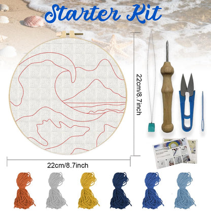 ORIGACH 2 Set Embroidery Punch Needle Kit for Adults Beginners DIY Kanagawa Wave Punch Stitching Kit for Art Crafts & Home Decor Easy Needle Punching Project with 7.9inch Hoop, Patterns, Yarns, Tools
