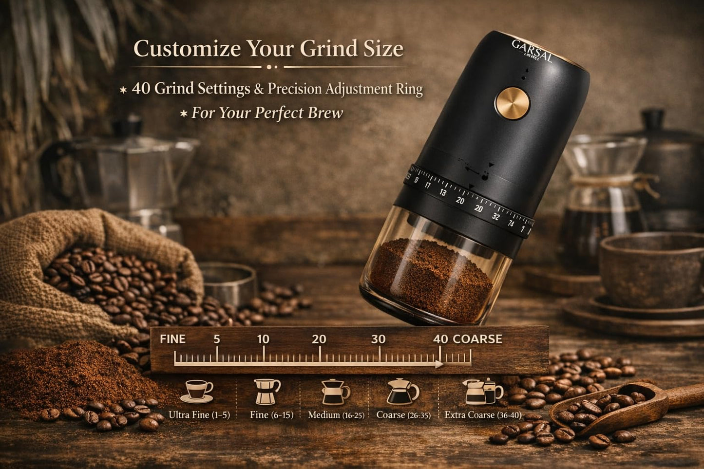 Garsal home. Electric Burr Coffee Grinder with 40 Grind Settings, Stainless Steel Conical Blades, Digital Measuring Spoon, USB-C Rechargeable Battery.