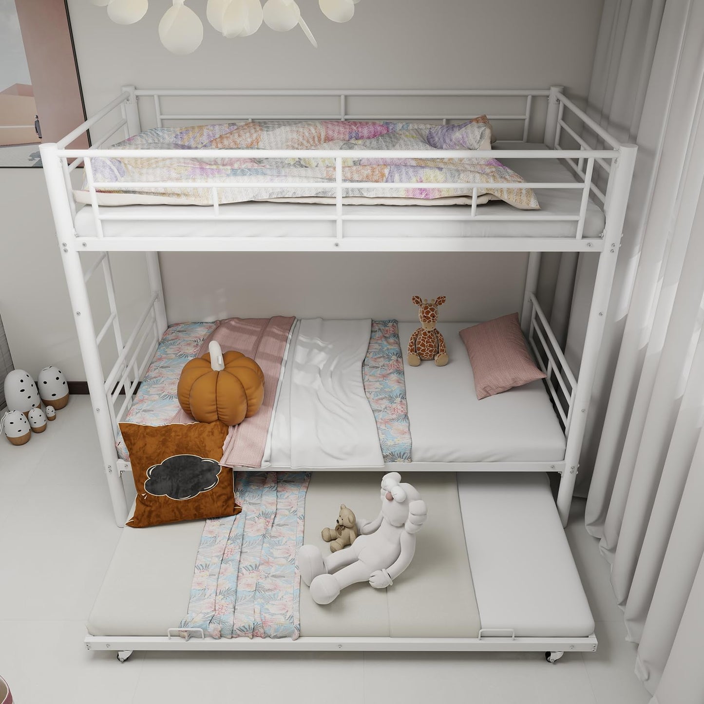 KEIKI Twin Size Triple Bunk Bed w/Trundle,Heavy Duty Metal Convertible Platform Bed Frame with Ladder & Full-Length Guardrail, for Teens, Adults, Noise Reduced, No Box Spring Needed,White