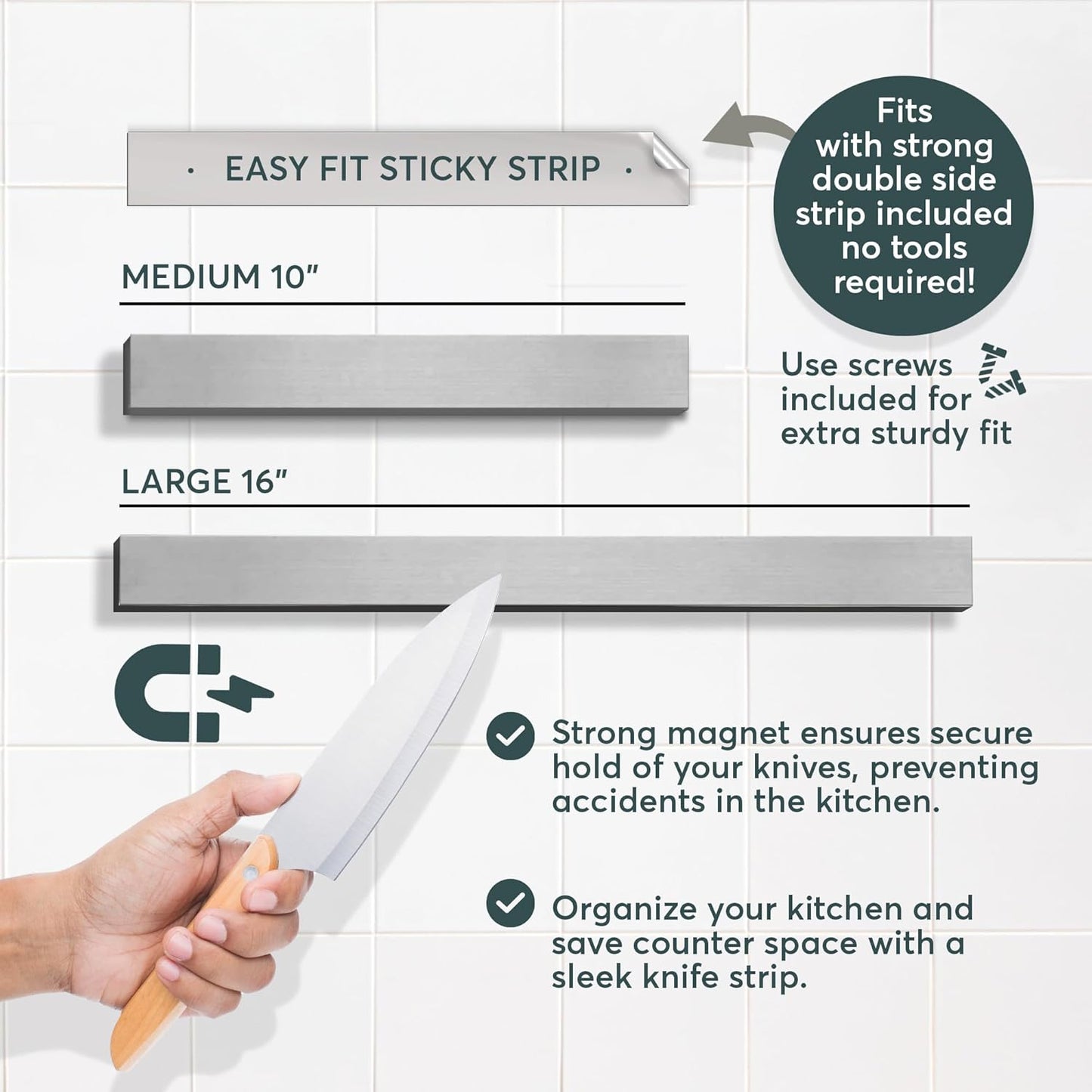 Multi Use Magnetic Knife Holder for Kitchen Organization, Stainless Steel Magnetic Strip, 10 Inch