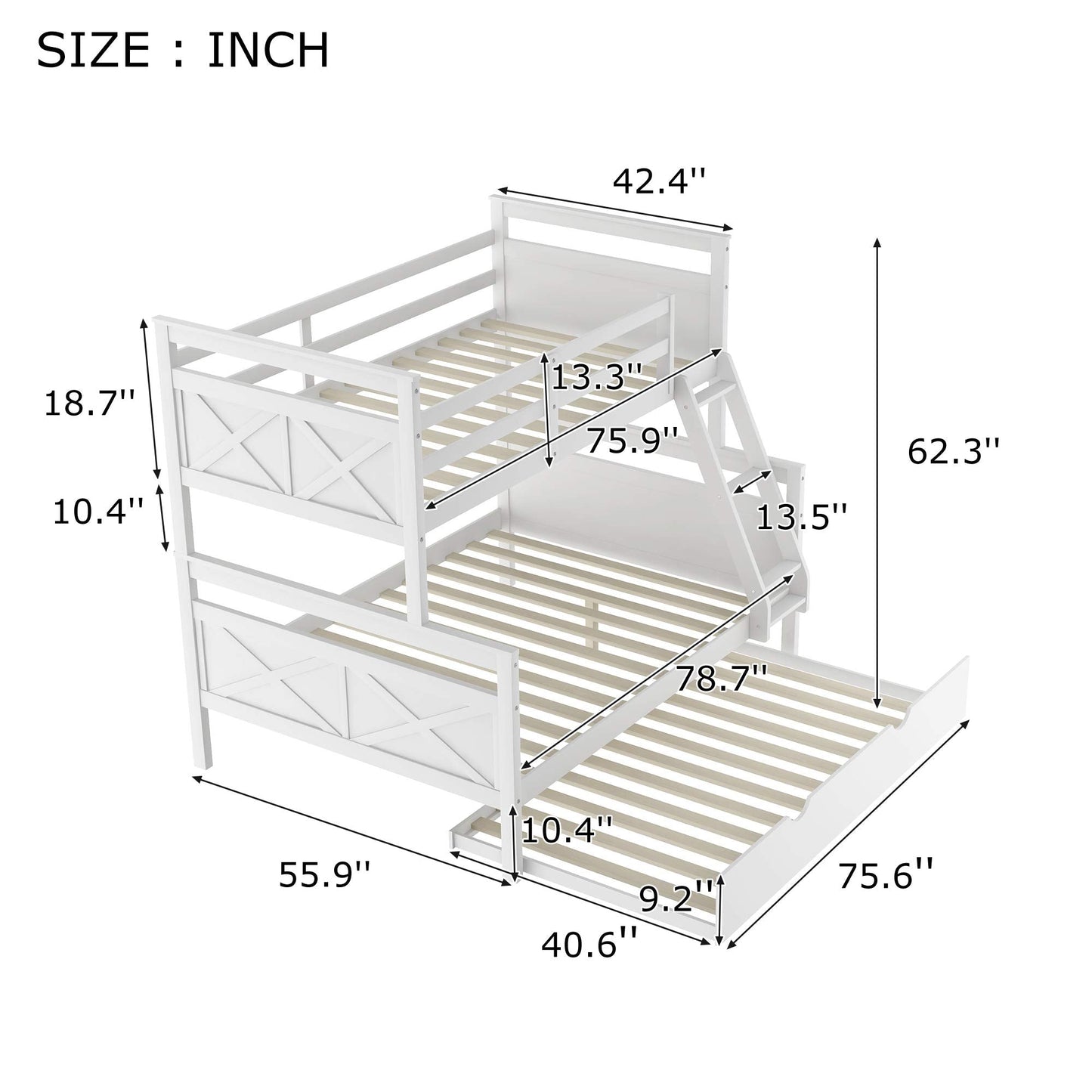 Merax Twin Over Full Wood Bunk Bed Withe Trundle and Safety Guardrail for Teens, Guests，No Box Spring Needed, White