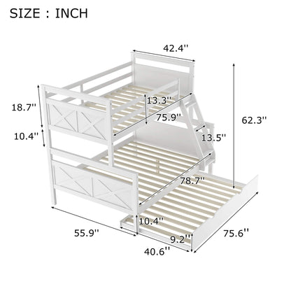 Merax Twin Over Full Wood Bunk Bed Withe Trundle and Safety Guardrail for Teens, Guests，No Box Spring Needed, White