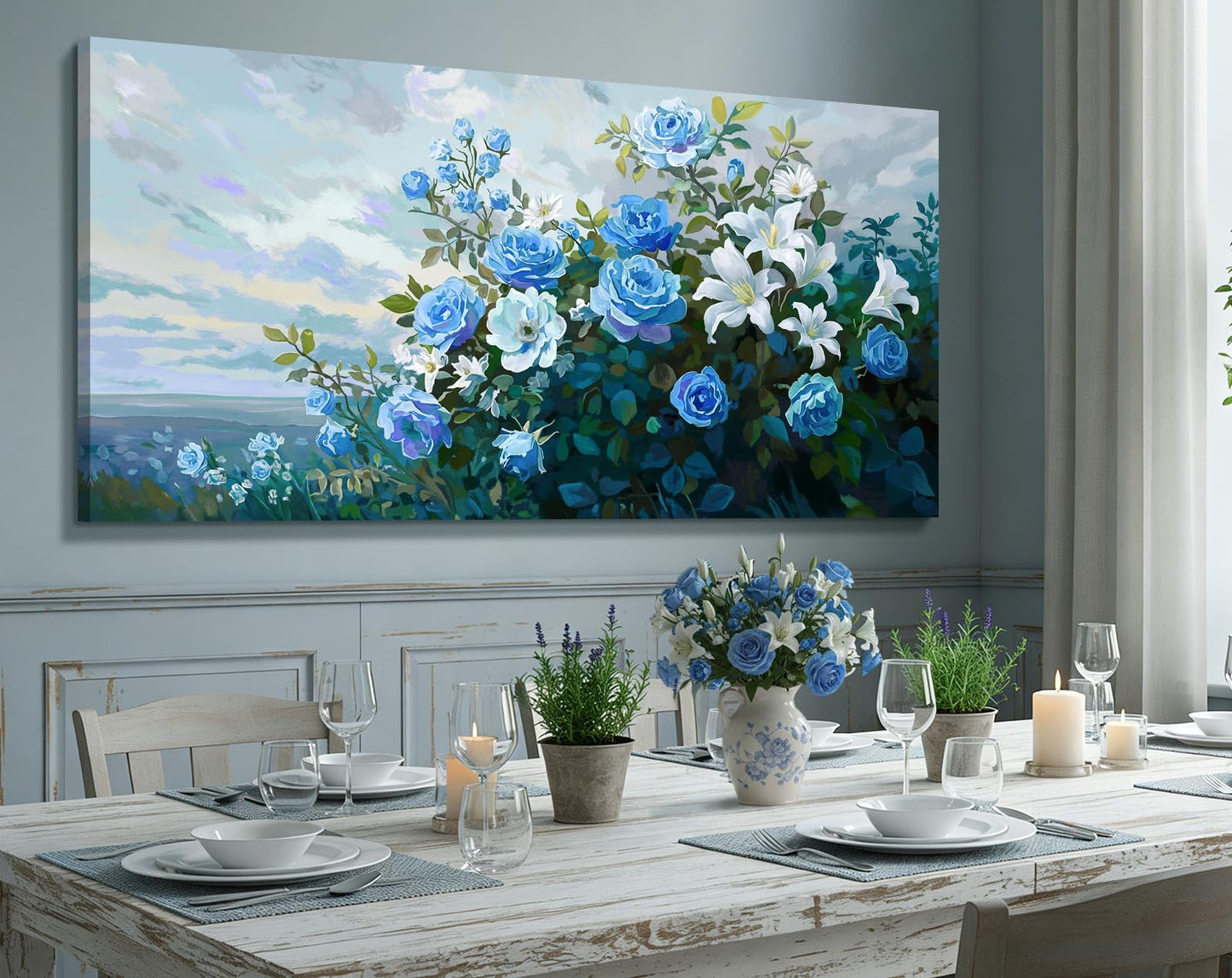 NiceTop 48x24 Inch Large Floral Canvas Wall Art, Waterproof Moisture Resistant Blue Rose White Lily Modern Botanical Artwork with Hanging Kit, Abstract Aesthetic Wrapped Canvas Print for Living Room, Bedroom, Bathroom, Boho Farmhouse Home Decor