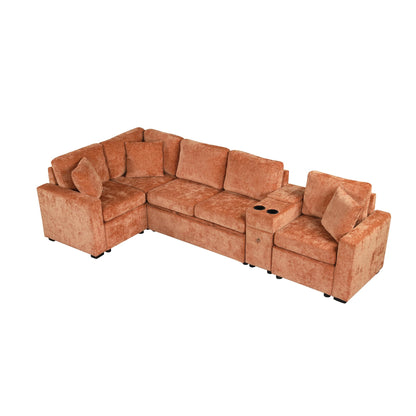 Merax 120.5" L-Shaped Sectional Sofa, Modular Convertible Couch Reversible Sleeper with Pull-Out Bed, Cup Holders, and Ample Storage for Living Room, Orange
