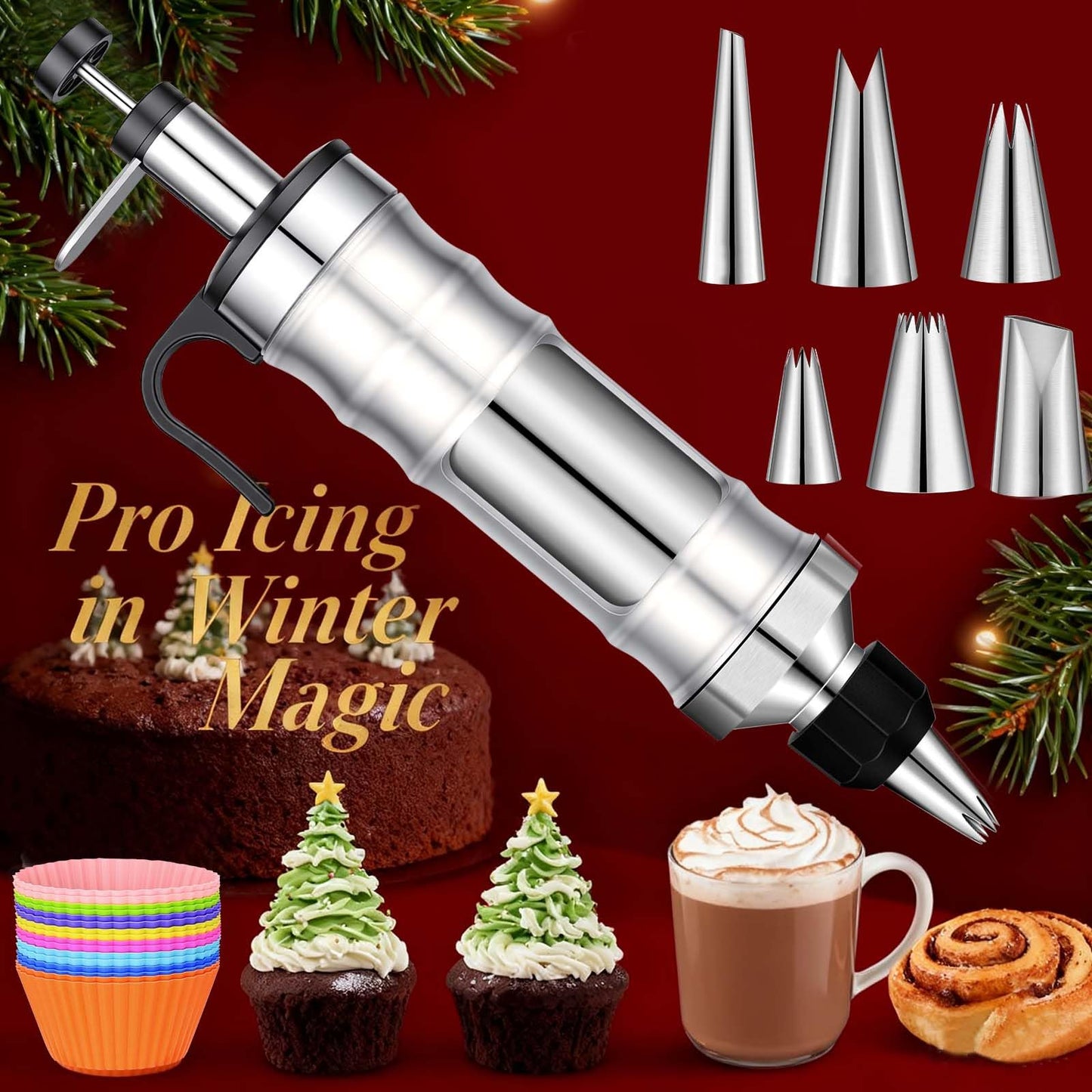 Dualshine Dessert Decorating Syringe Set, Frosting Piping Kit, Stainless Steels Icing Piping Kit, Cake Decorating Tools 6 Russian Piping Icing Nozzles Cupcake Piping Kit Christmas Baking Gifts