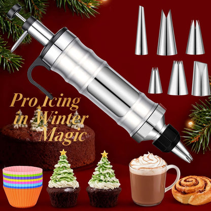 Dualshine Dessert Decorating Syringe Set, Frosting Piping Kit, Stainless Steels Icing Piping Kit, Cake Decorating Tools 6 Russian Piping Icing Nozzles Cupcake Piping Kit Christmas Baking Gifts