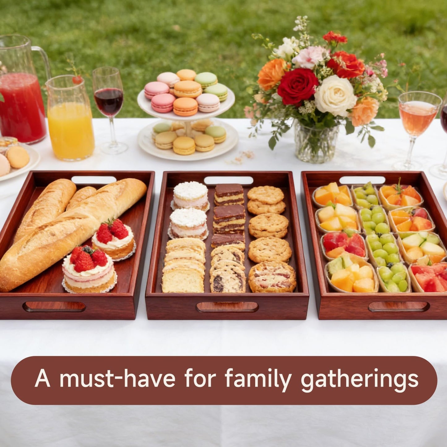Acacia Wood Serving Tray with Handles, 17 x 12 Inch Large Wooden Tray for Food & Drinks, Coffee Table, Ottoman, Breakfast in Bed – Includes Free Leather Mat