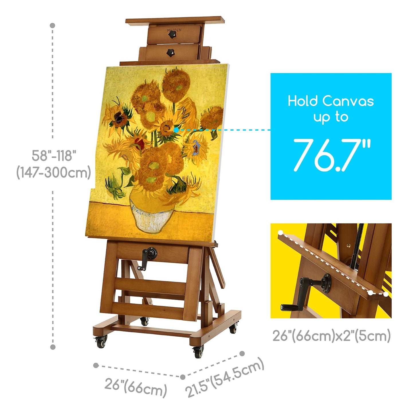 MEEDEN Extra-Large H Frame Easel: Solid Beech Wood Artist Painting Easel for Adults - Professional Heavy Duty Studio Easel with Crank - Movable and Tilting Flat Art Easel Stand for Canvas up to 76.7"