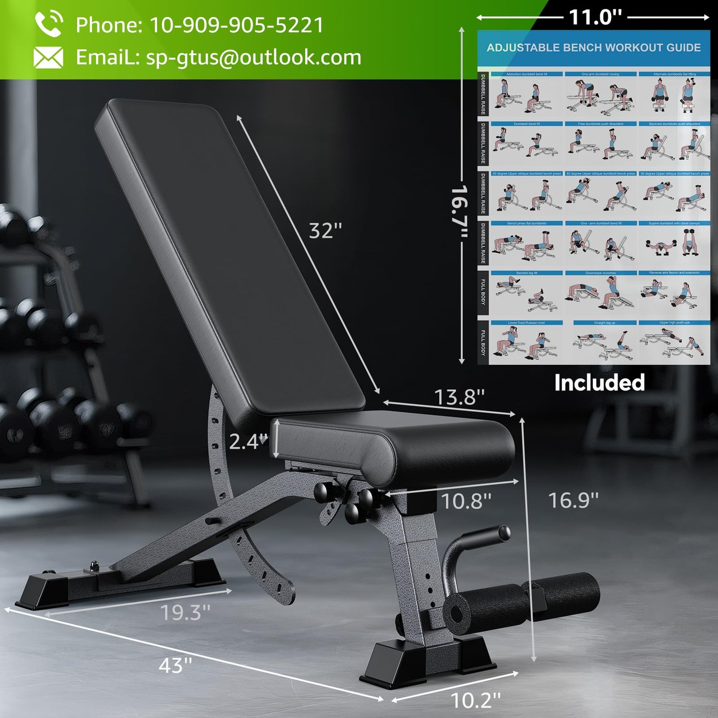 Adjustable Weight Bench with 12x4x4 Positions, 1200LB Heavy Duty Workout Bench for Home Gym, Commercial Incline-Flat-Decline Bench Press for Full Body Fitness, Fully Upright Backrest with 4 Suitable Leg Rest Gears