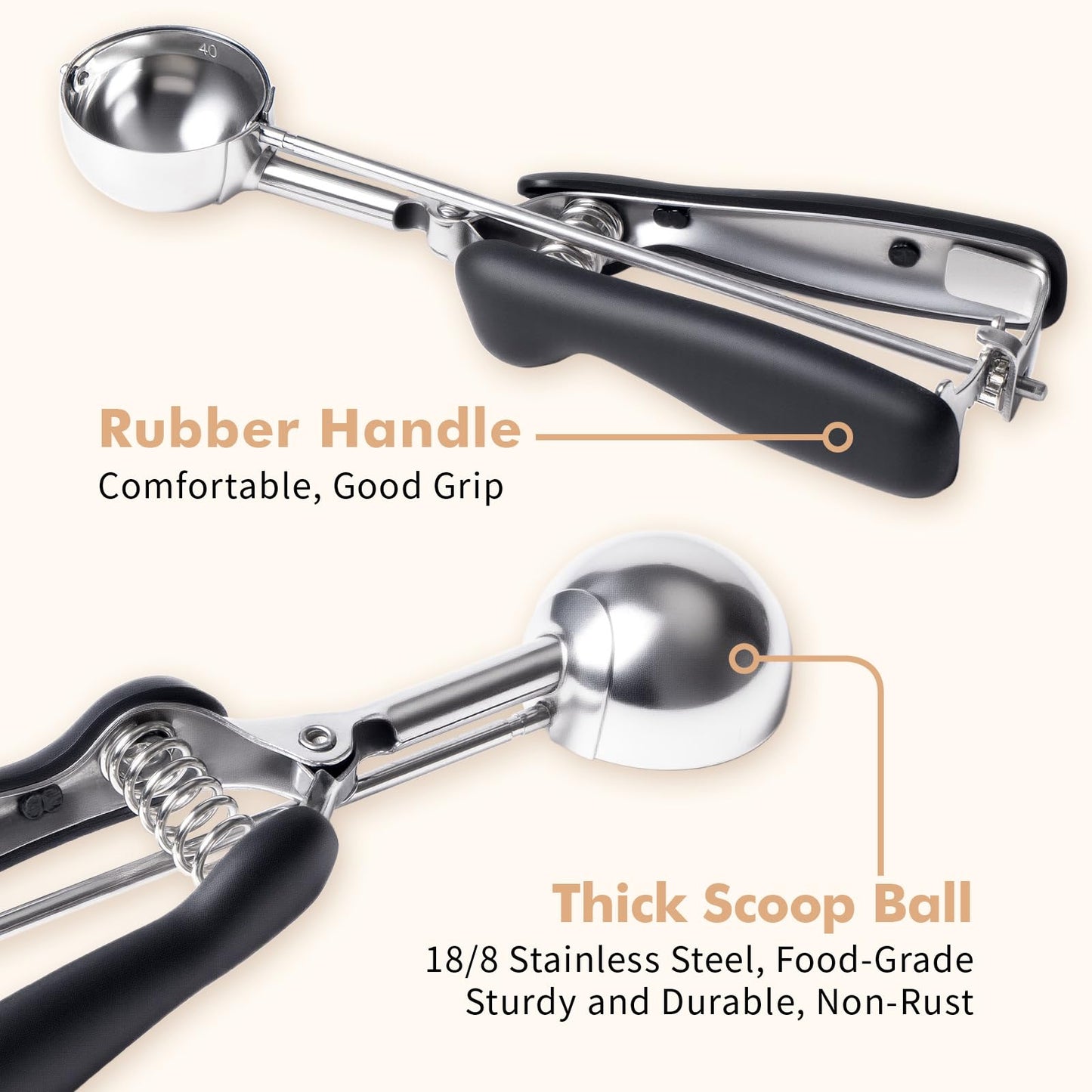 SUNNORN Cookie Scoop set, Cookie Scoops for Baking Set of 3, Size #60/ #40/ #20, Cookie Dough Scoop, Non-Slip Grip, Blue/Black/Mint Handle, For Cookies Muffin Cupcake Meatball Ice Cream