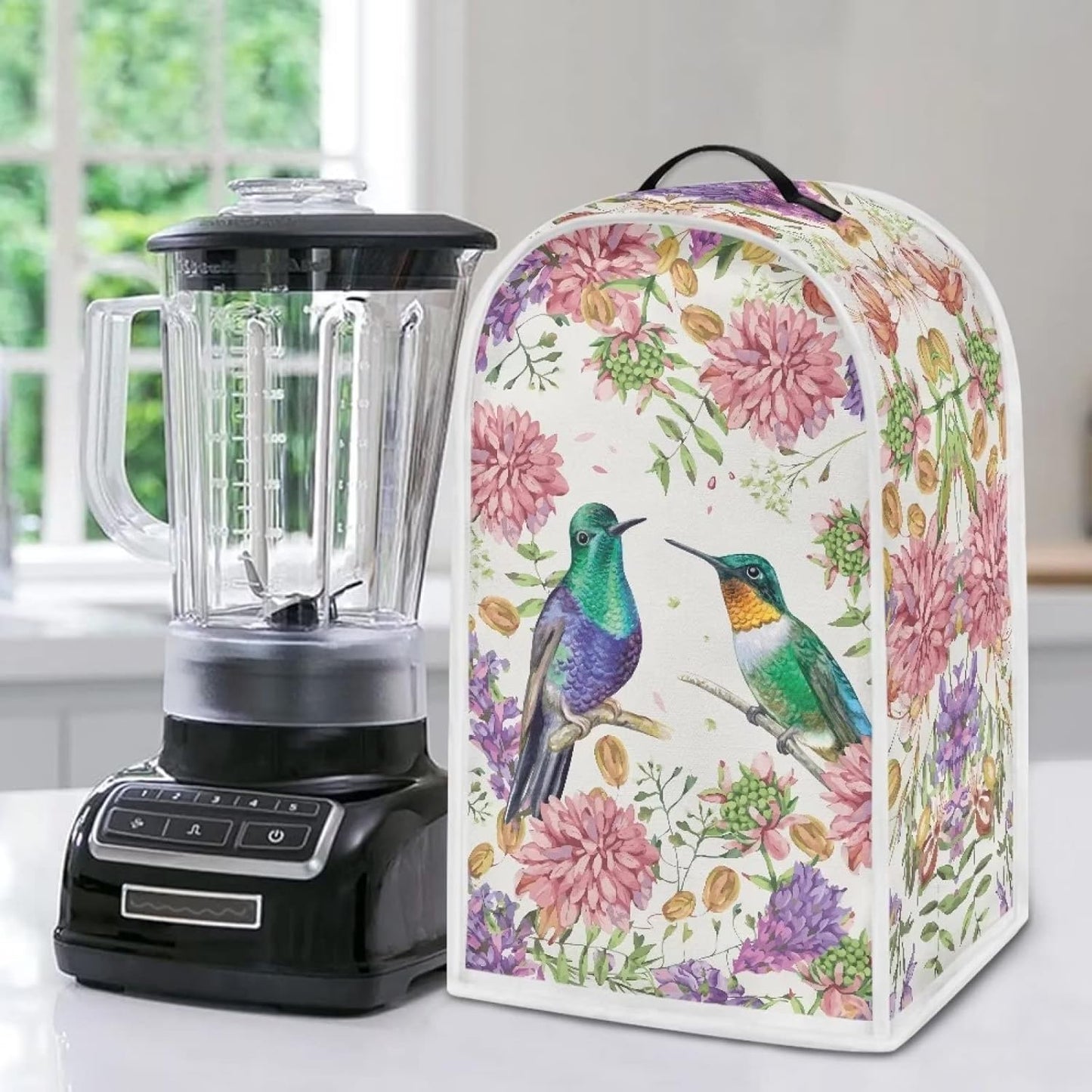Floral Hummingbird Print Blender Covers for Kitchen, Anti-Fingerprint Polyester Dust Proof Covers