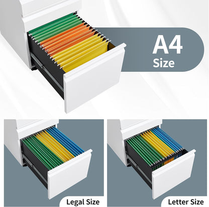 Oasecrilio Filing Cabinet 3 Drawer, Locking File Cabinets for Home Office, Mobile Filing Cabinet for A4/Letter/Legal Size File Folders, Fully Assembled, Matte White
