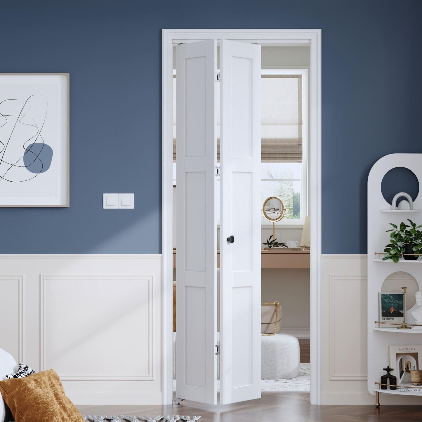 Roymelo Bifold Doors for 30"×80" Opening, Sliding Closet Folding Barn Door with Concealed Hardware Kit Included, 3-Panel, LVL Wood Panel Covered with White Water-Proof Scratch-Proof PVC Surface