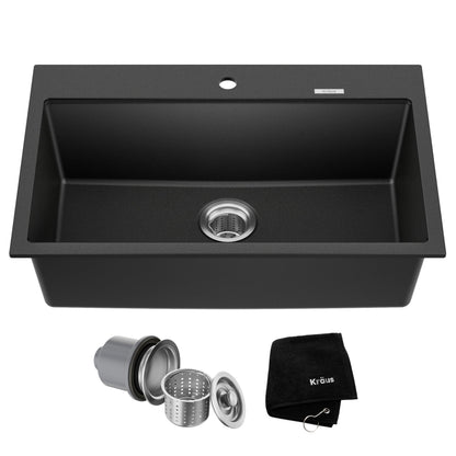 KRAUS Quarza 31-inch Drop-In/Undermount Single Bowl Granite Kitchen Sink in Black Onyx, KGD-412B