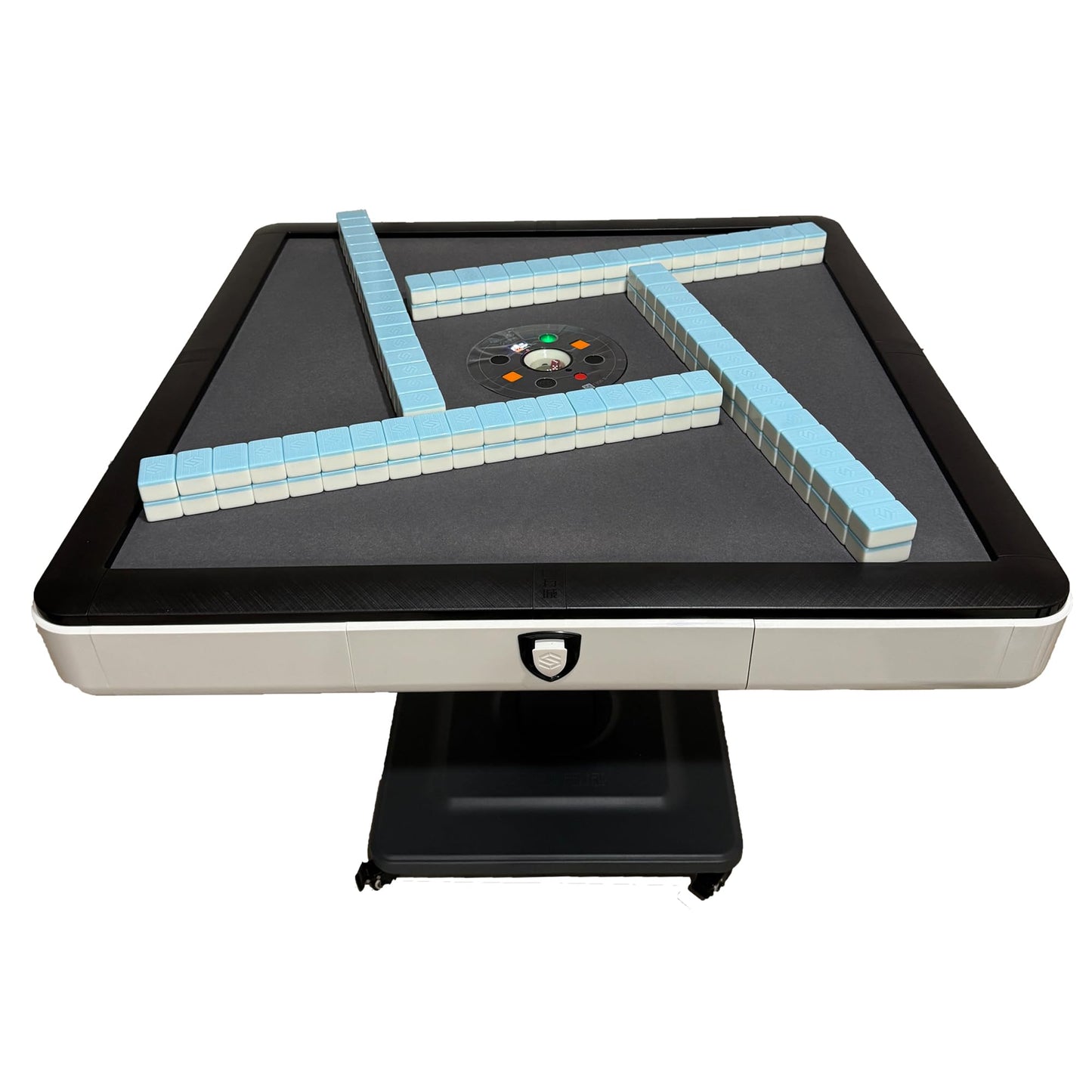 Sifang City (46mm/1.8inch) Chinese Style Folding Automatic Mahjong Table, American 110V, 8ft Cable, Includes 2 Dices, Glass Table Cover, 2 Sets Jade Style 144 Tiles (46mm White) 46号大牌川麻可折叠麻将机