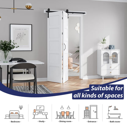 FREDBECK 42X84(Double 21x84) Bifold Door Bi-fold Barn Doors White Double with 46" Hardware Track Kit Included,Solid MDF with Water-Proof PVC Surface for Closet,Assembly Required