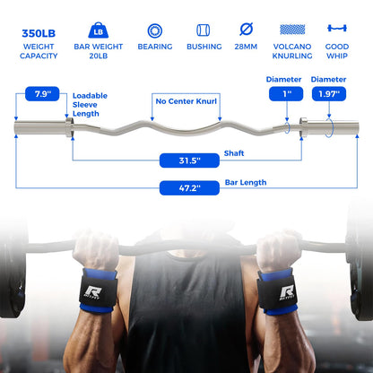 RitFit 2 Inch EZ Curl Bar with Weights, 350LBS Capacity Olympic Barbell for Bicep & Triceps, Home Gym Strength Training,with 155LBweights and Wristband